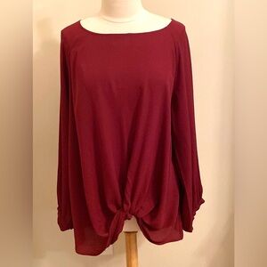 Umgee Burgundy Maroon Boatneck Long Sleeve Front Twist Knot Casual Top Size 1XL
